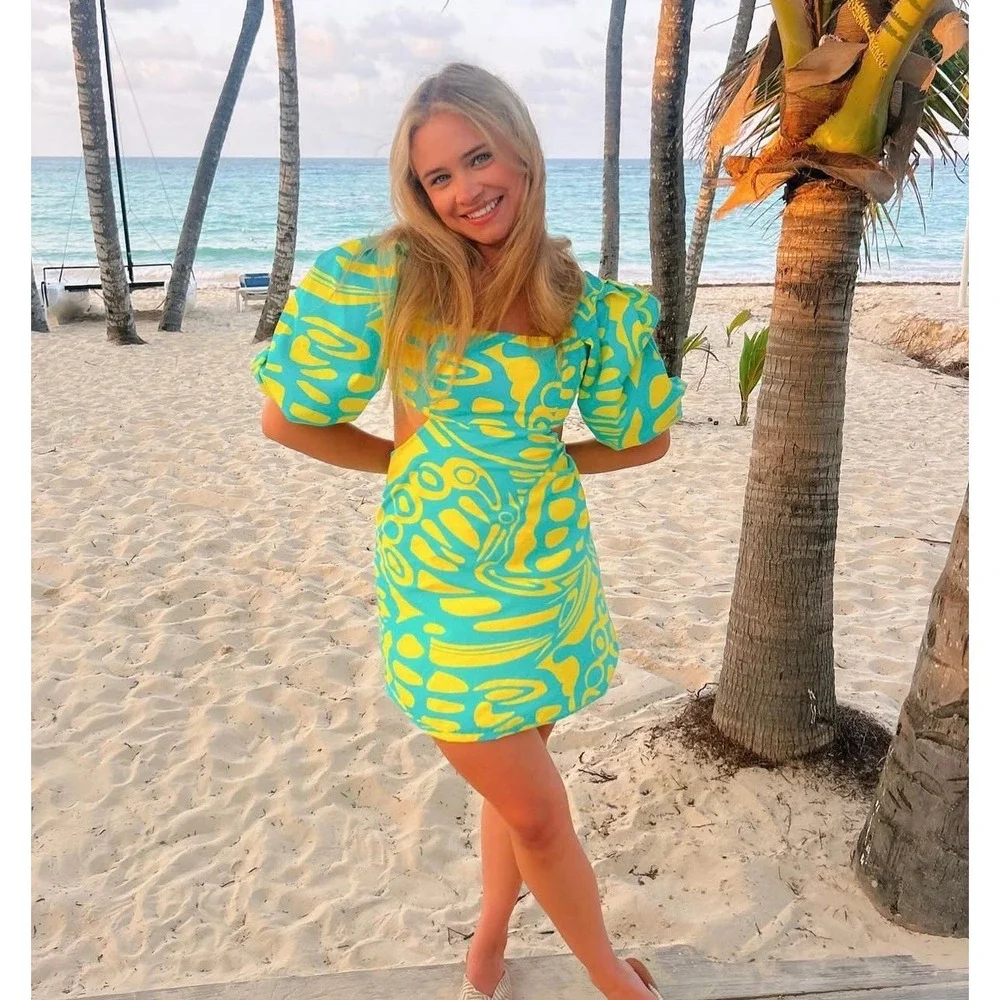 Alexis Bodhi Turquoise Yellow Print Puff Sleeve Cutout Mini Dress Open Back M - Picture 4 of 9